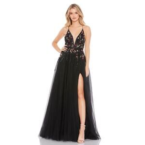 MAC DUGGAL 11193 Thigh High Slit Black Floral Tulle Ball Gown Women's' Size 8